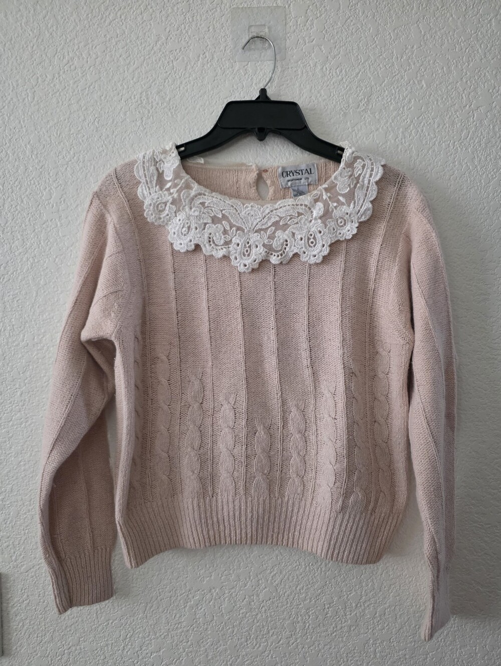 Vintage Lace Collar Silk Wool Knitted Sweater Pink L fits a Small